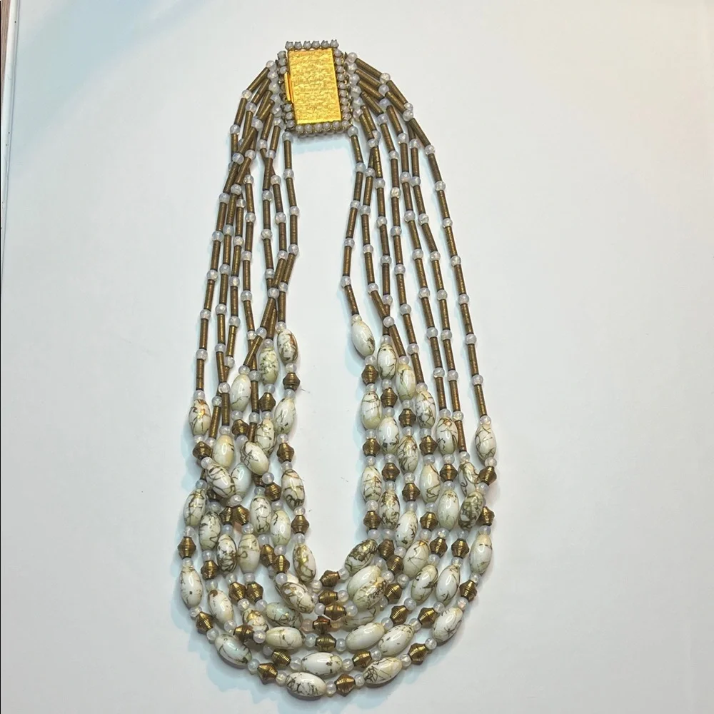 Original By Robert Vintage Brass & Art Glass Beaded Multi Strand Necklace - Picture 4 of 10